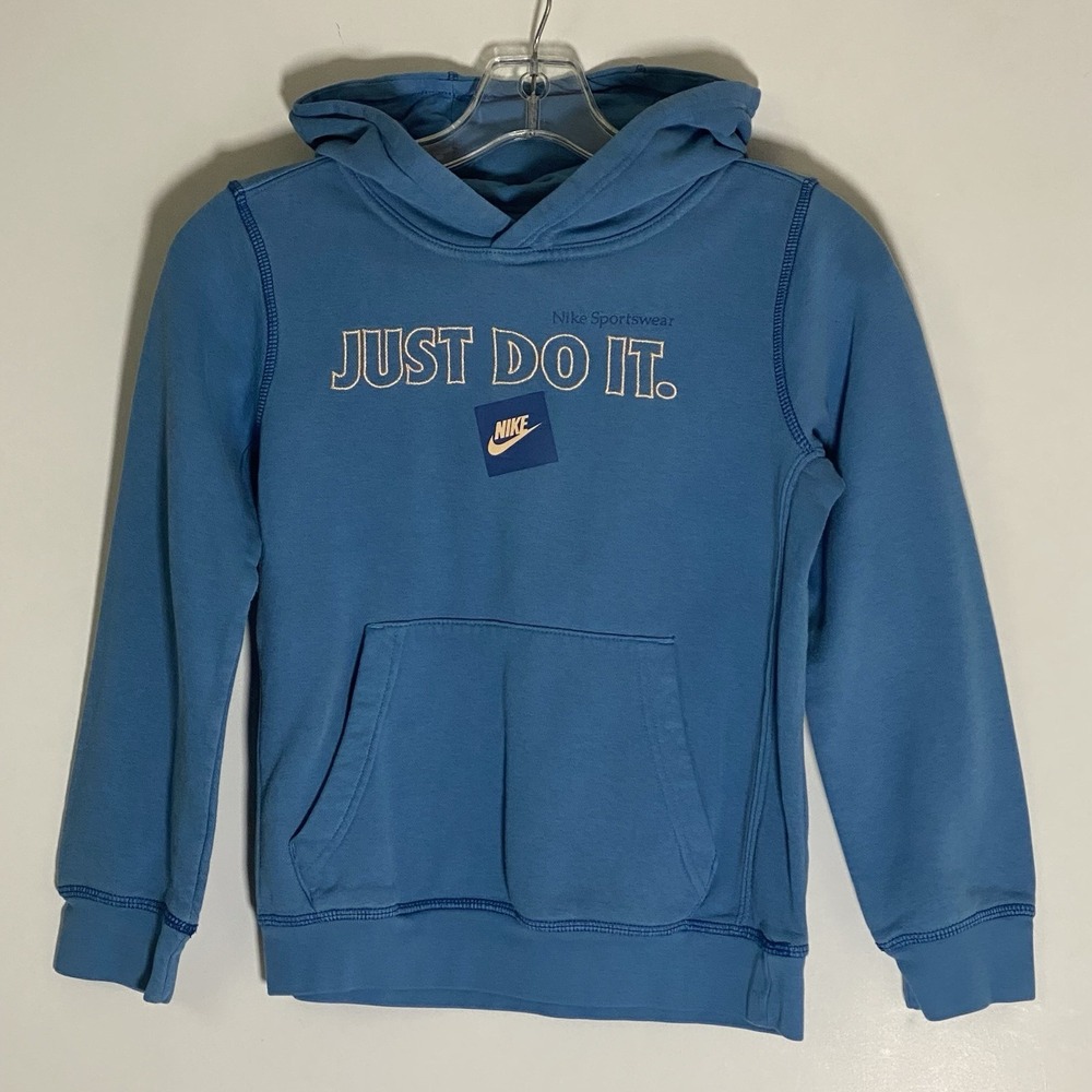 Nike Hoodie Boys Small Blue Swoosh Pullover Embroidered Just Do It Athletic Nice